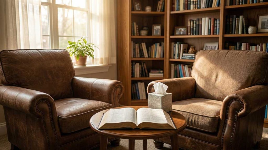 Oficina pastoral con una Biblia abierta, representando qué es la consejería cristiana