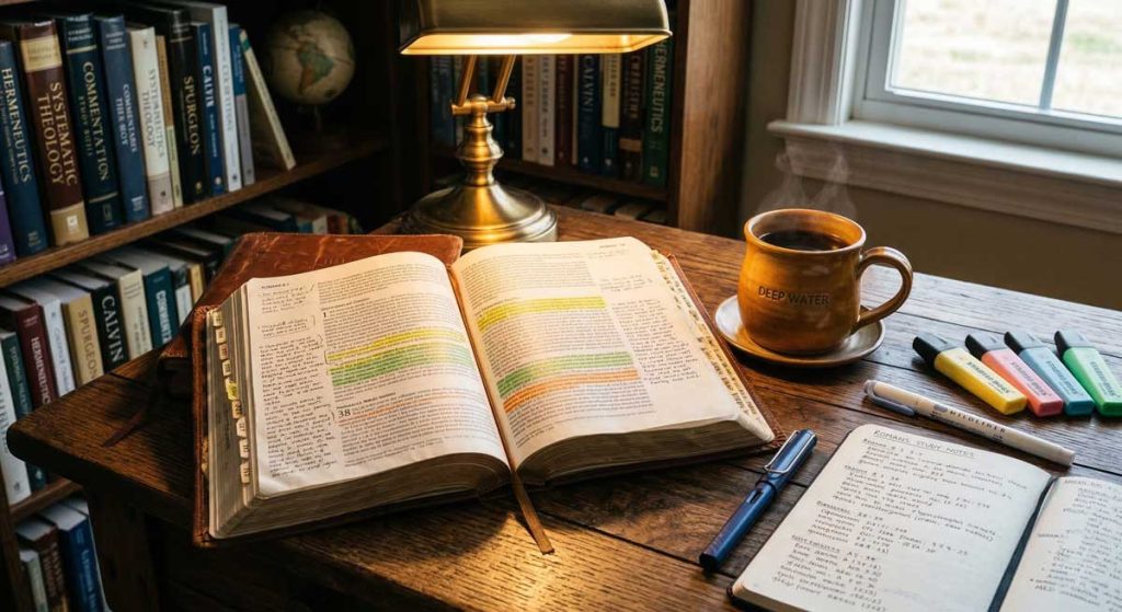 Biblia abierta de estudio sobre un escritorio representando el departamento de estudios bíblicos