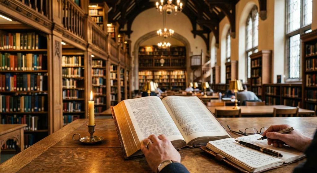 Biblia abierta en una biblioteca de estudio representando qué es la teología cristiana